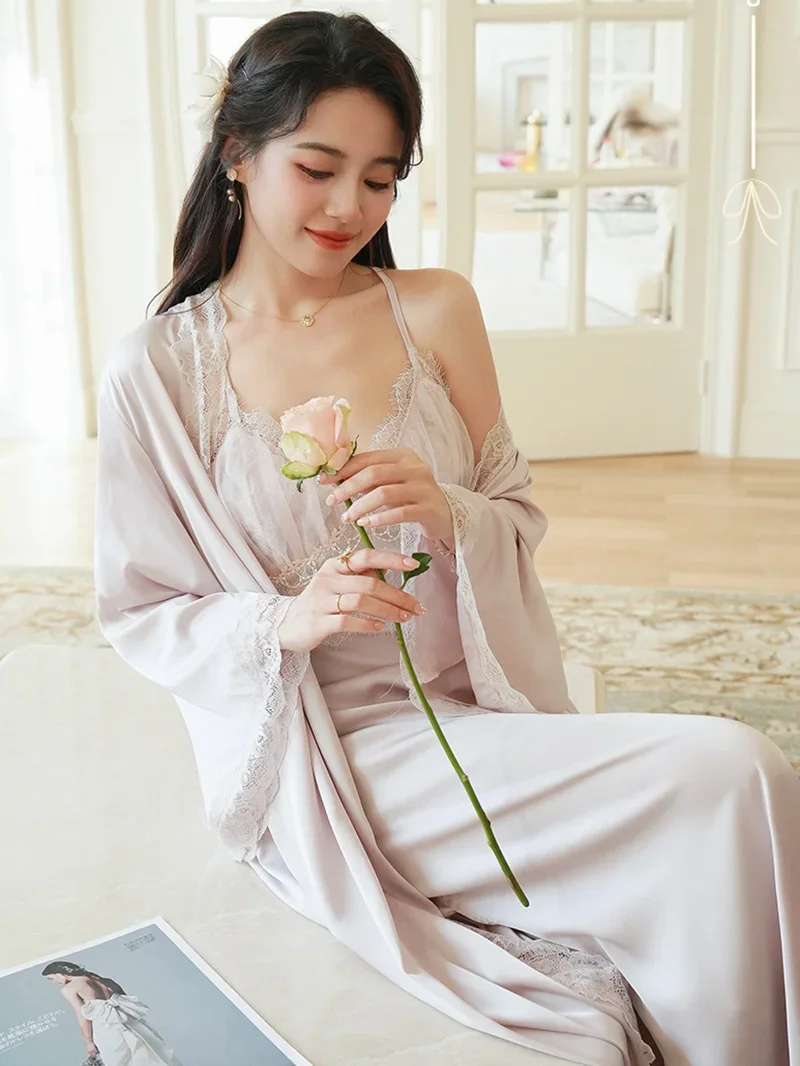 Женская шелковая ночная рубашка с длинным рукавом весна-осень