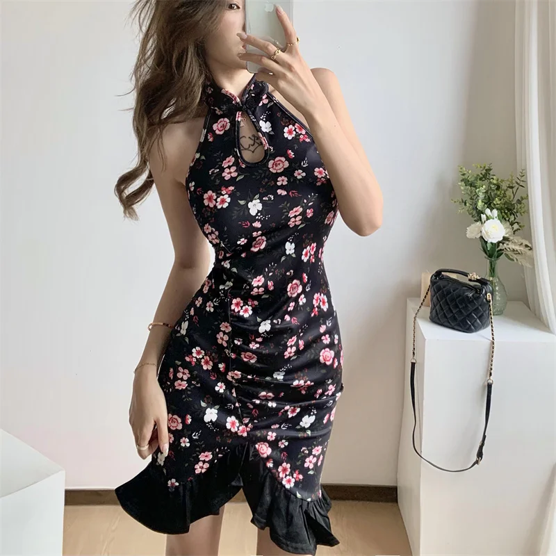 

Real shot 2022 new summer fashion design elegant feminine retro print package hip fishtail short cheongsam dress