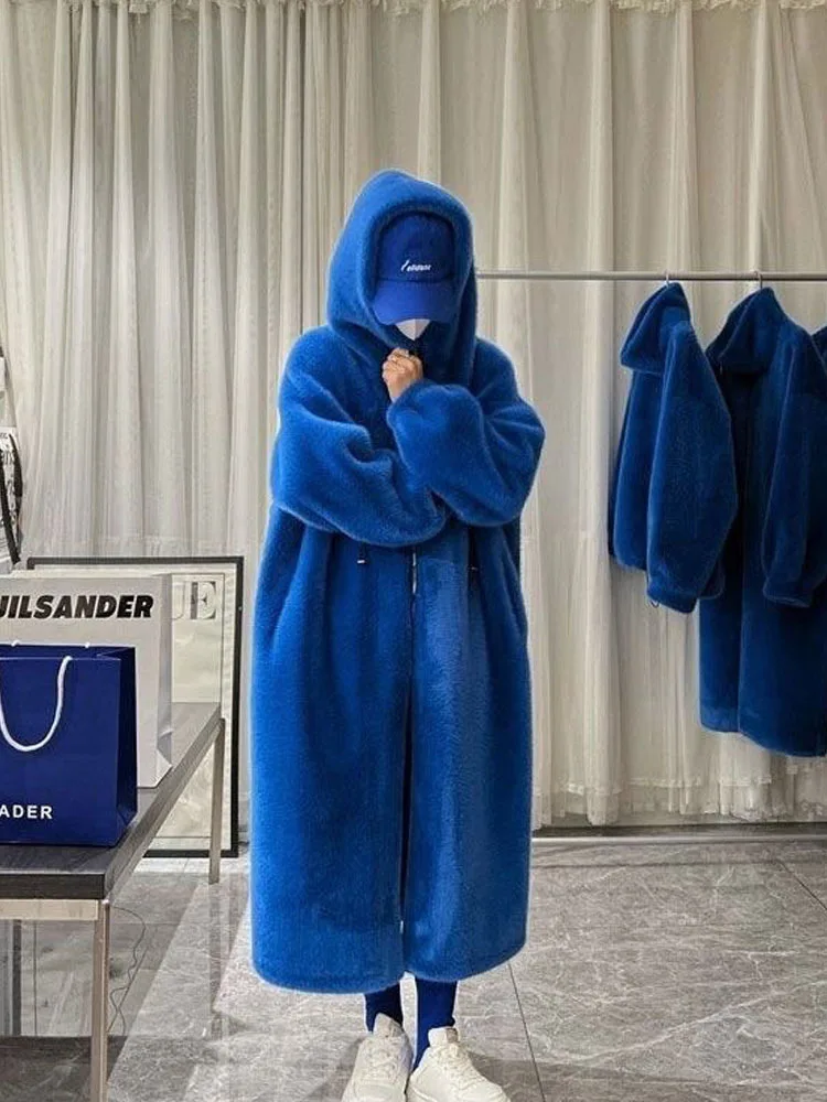 Длинное женское пальто с капюшоном из искусственного меха плотное бархатное