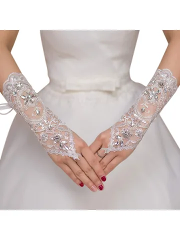 Свадебные перчатки без пальцев цвета слоновой кости с кружевом и цветами для невесты со стразами
