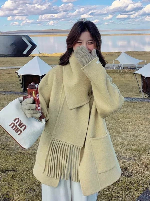 Молочно-желтый шарф с воротником двустороннее шерстяное пальто из ангоры