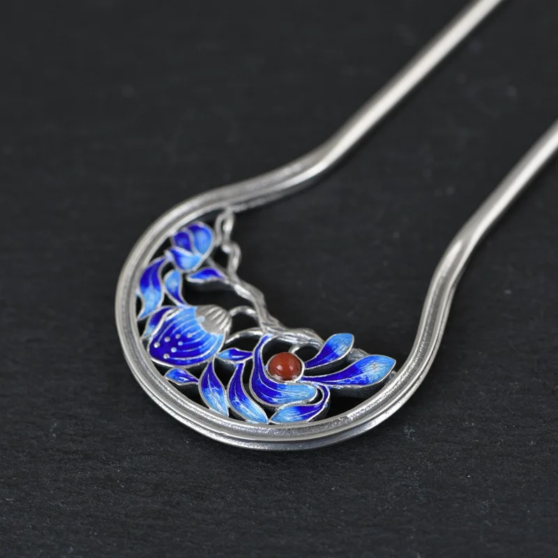 BOCAI S925 Sterling Silver Hair Headress for Women 2023 New Women's Fashion Classical Hollow Flower Enamel Cloisonne Jewelry |