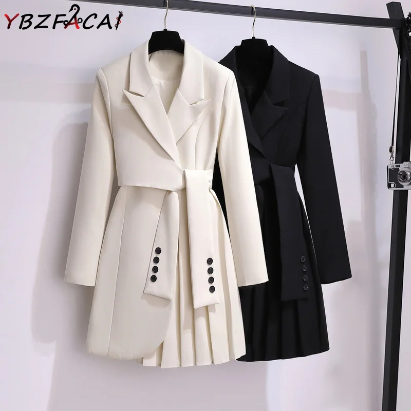 

2022 Fall Office Belted Slim Fit Blazer Dress Women Long Sleeve Notch Collar Irregular Black Pleated Mini Dress New Beige Jacket