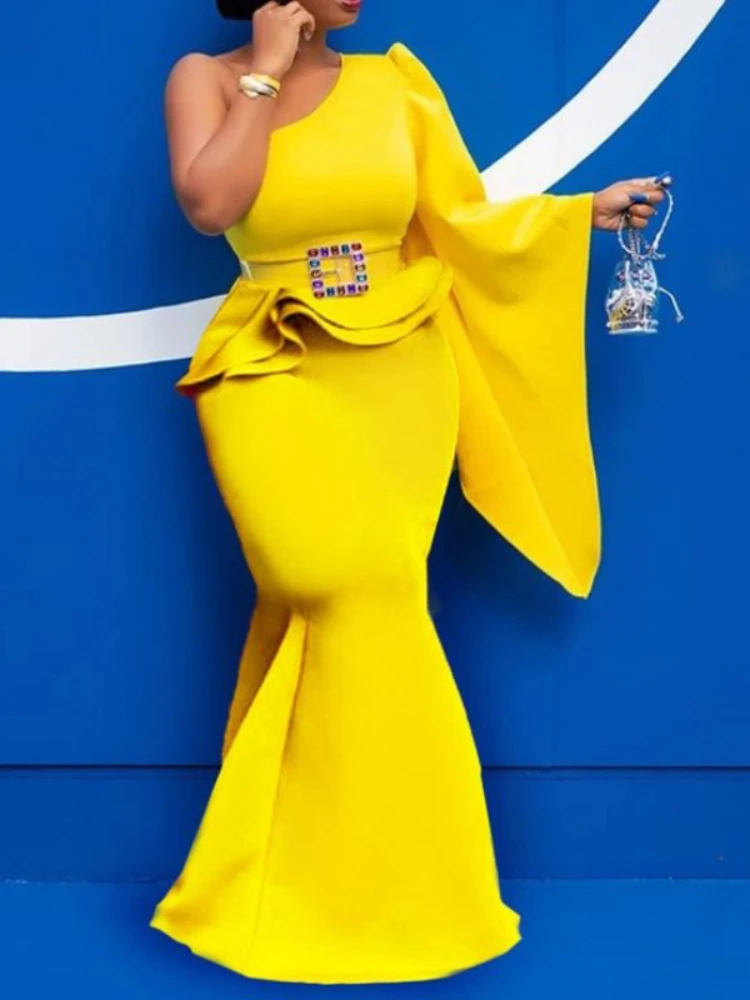 

Women 2 Piece Outfits Christmas Dresses Bare Shoulder Peplum Tops Blouse Belt Mermaid Skirt Suit Party Evening Celebrity Clothes