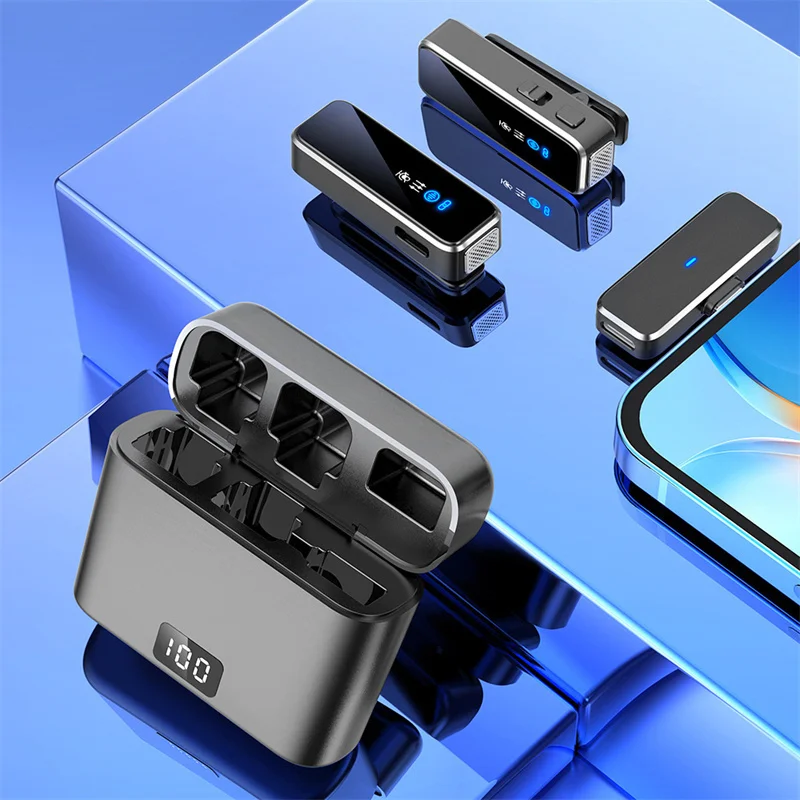 

Wireless Lavalier Microphone Portable Noise Reduction Audio Recording Mic For iPhone Android With Digital Display Charging Box