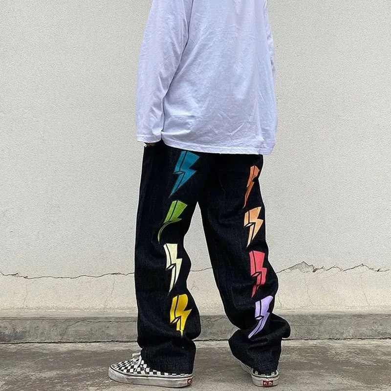 Printed Black Jeans Men Hip Hop Baggy Denim Trousers Fashion Straight Pants Spring Summer Man Bottoms Y2k Clothes Streetwear