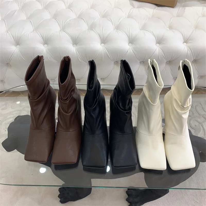 

Brand Women's Shoes Boots-Women Zipper Fashion Rock 2022 Ankle Rubber Autumn Ladies High Heel Fretwork PU Flock Square Toe Pleat