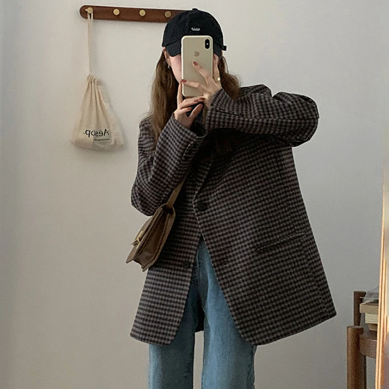 

Women's Vintage Plaid Wool Coat Jacket, Loose Single Breasted Woolen Overcoat, Female Outerwear, Korean Style, Autumn, Winter