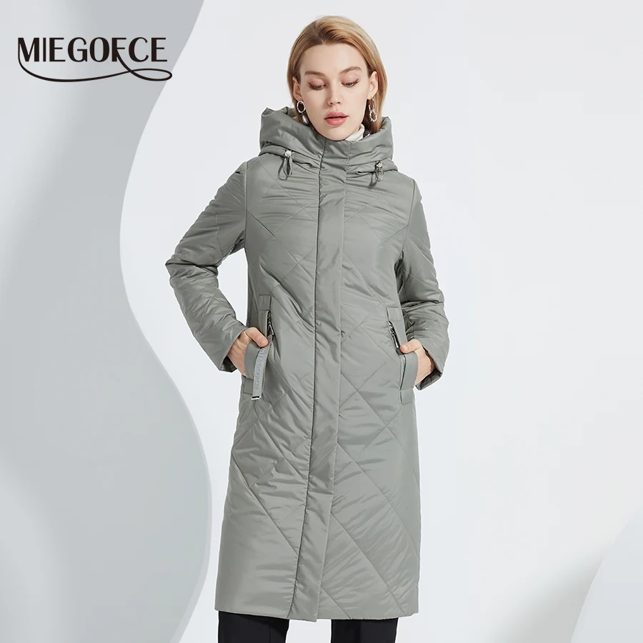 

MIEGOFCE 2022 весна осень новая простая Длинная женская куртка пальто с капюшоном ветрозащитная теплая хлопковая одежда Повседневная Женская па...