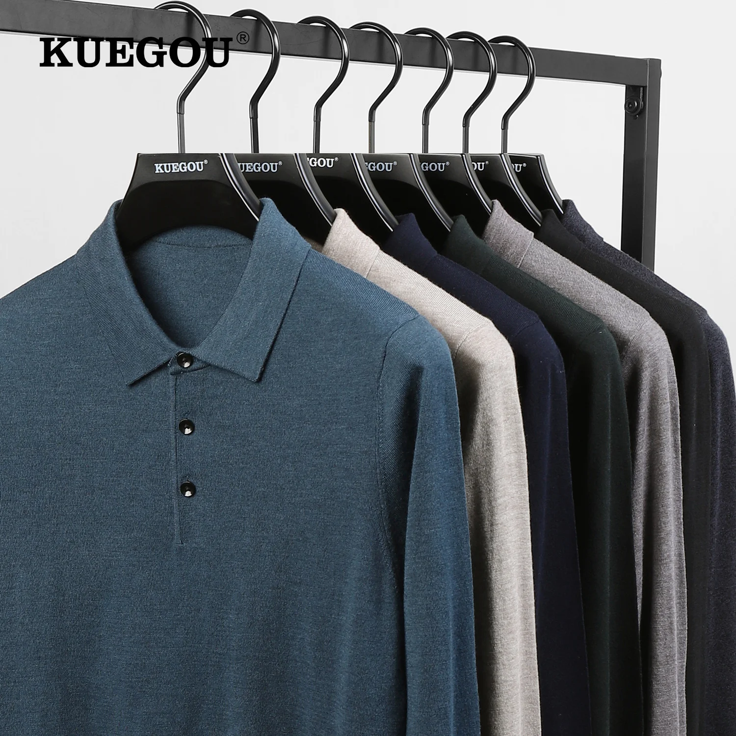 

KUEGOU 2022 Autumn Winter New Men Sweater Polo Shirt Collar Long Sleeves Pullovers Quality Slim Knitted Wool Blend Warm Top 721