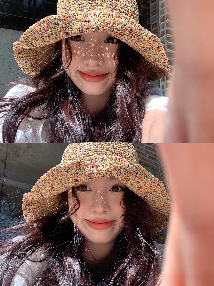 

Designer Summer Hollowed Out Sunscreen Visor Hat Breathable Not Stuffy Color Vacation Wind Wide Brim Braided Straw Cap Female