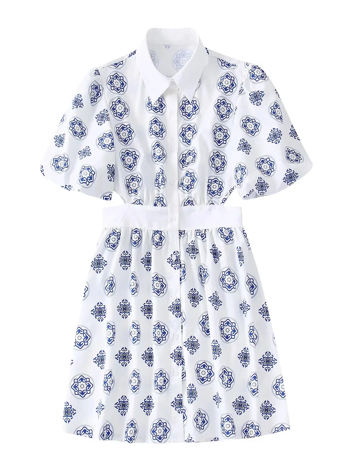 

Женское ажурное мини-платье с поясом, элегантное белое платье-рубашка без рукавов и пояса, Стильная Офисная уличная одежда с синим принтом