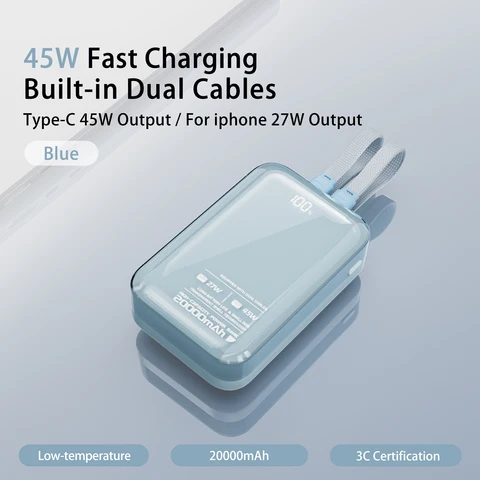 Портативный внешний аккумулятор емкостью 20000 мАч, 45 Вт, Type-C, сверхбыстрая зарядка, встроенные двойные зарядные кабели для iPhone 17 16, мобильного телефона Xiaomi