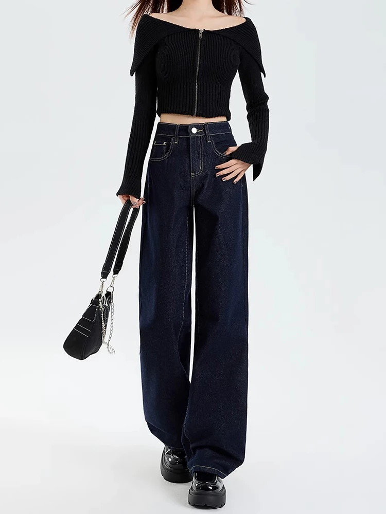 Idolera Dark Blue Narrow Wide Leg Jeans Women Autumn and Winter 2024 New Retro Slimming High Waist Straight Pants