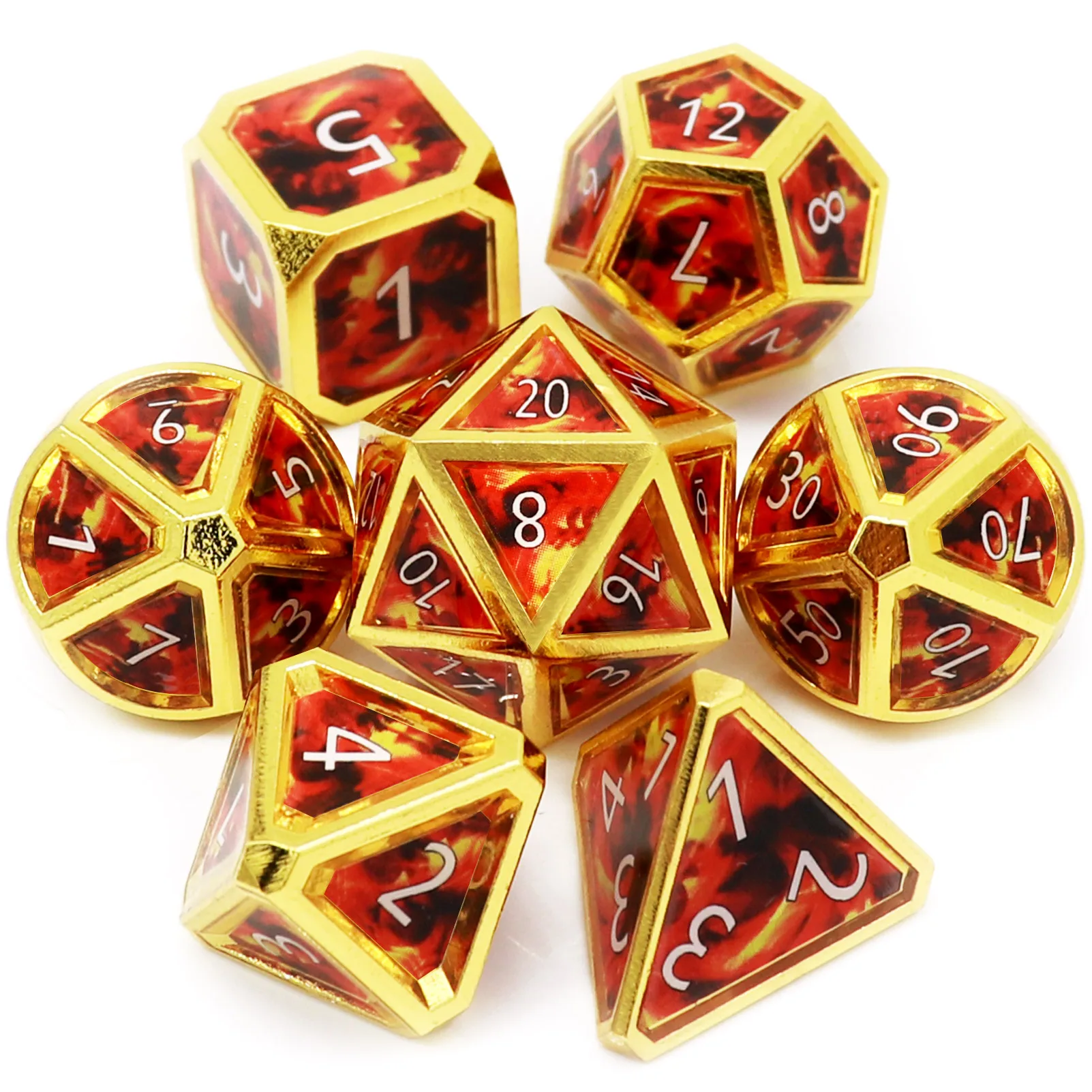 Haxtec Metal DND Dice Set Fire Ball Real Scene Gold Yellow Red Polyhedral |