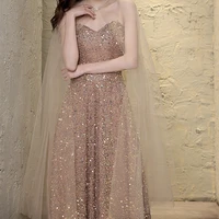 champagne pink evening dresses with shawl spaghetti strap with cloak floor length a line party formal wedding ceremony prom gown