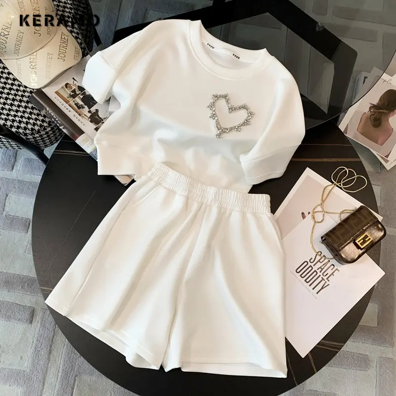 

2023 Summer Casual Solid White Two-piece Set Women Short Sleeve Round Neck T-shirts+ Elastic Waist Shorts Sports Shorts Set