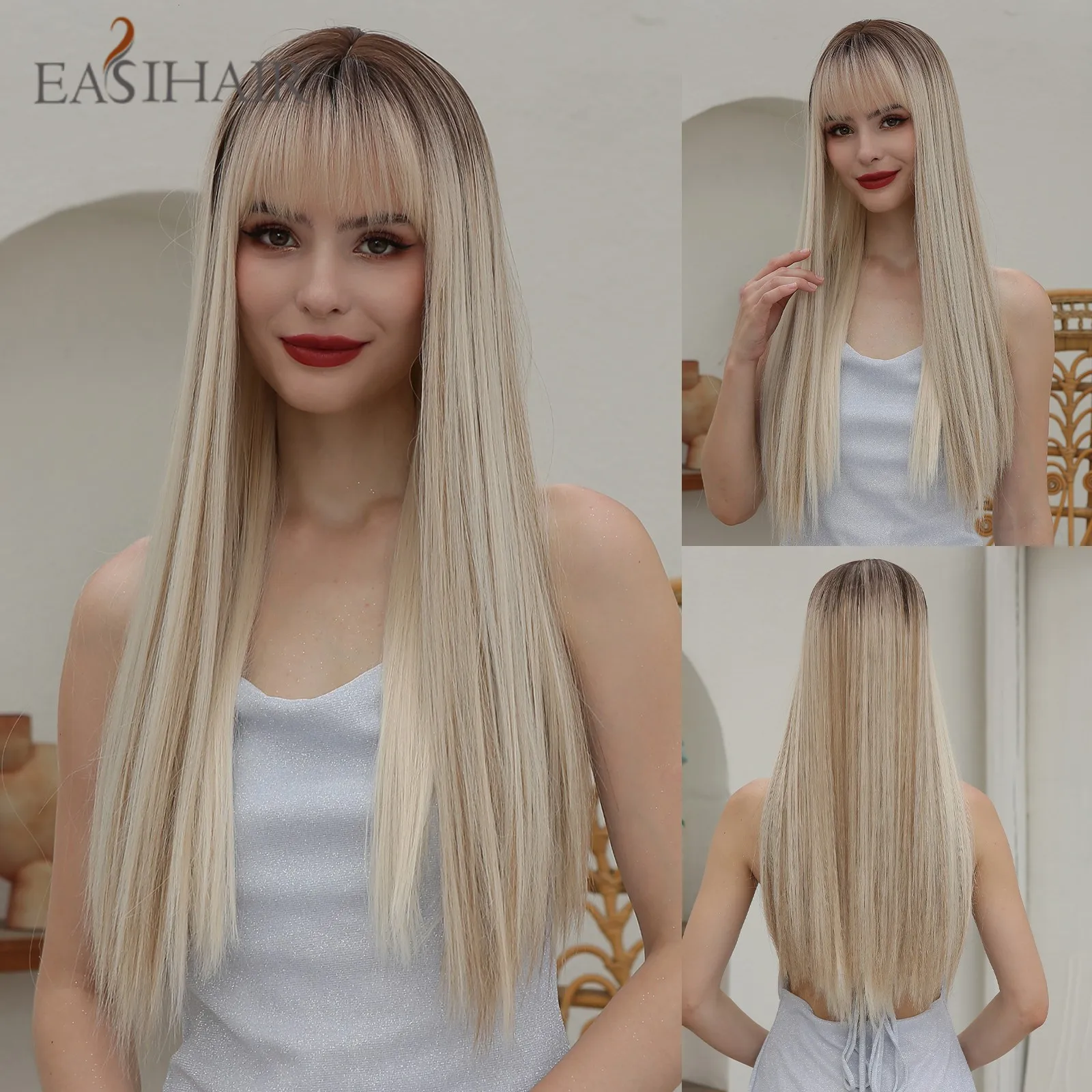 

EASIHAIR Blonde Ombre Synthetic Natural Hair Wigs Long Straight with Bangs Daily Cosplay Wig Heat Resistant Fiber Wigs for Women