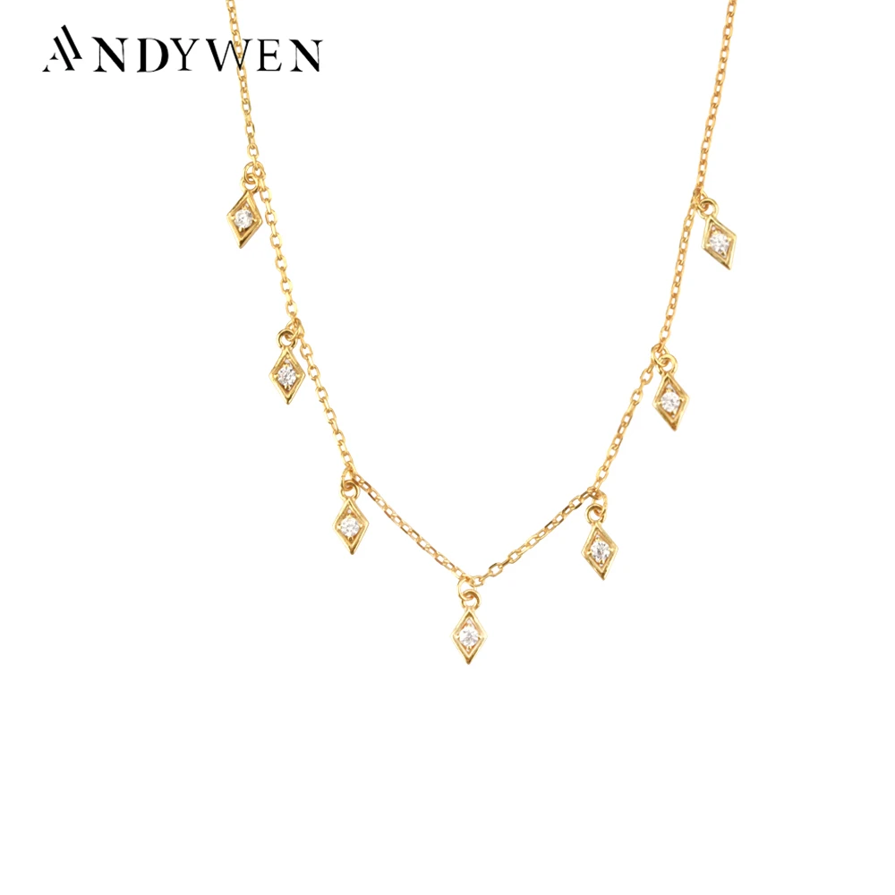 

ANDYWEN 925 Sterling Silver Gold Square Charm Choker Long Pendant Fashion Fine Jewelry 2021 Wedding Crystal Jewelry Party Women
