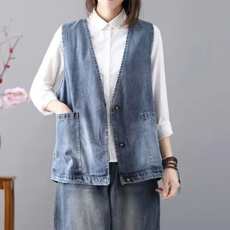 

YASUGUOJI Korean Fashion Denim Vest Women 2022 Autumn Vintage Blue Waistcoat Sleeveless Jacket Pockets Short Jeans Vests Female