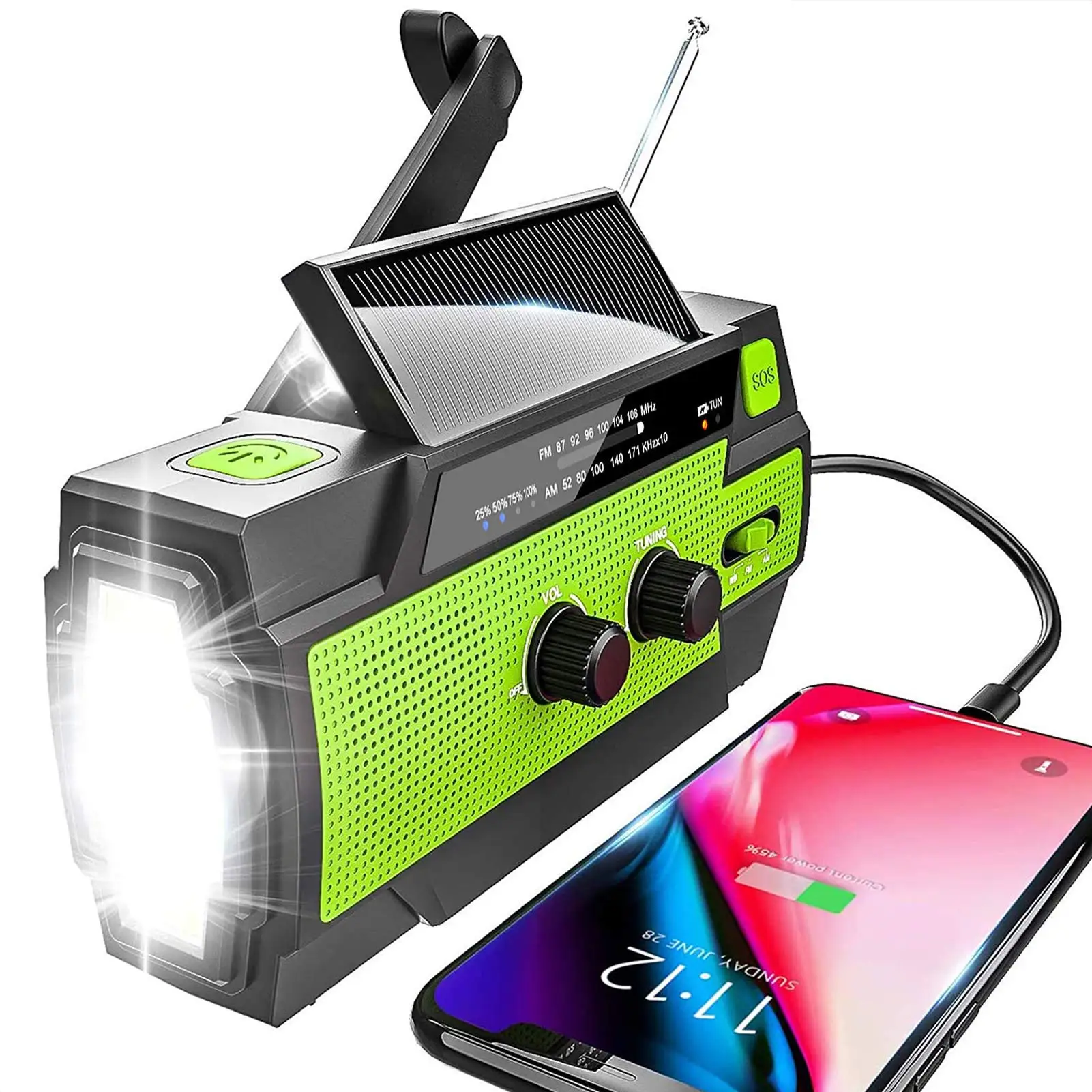 

Portable Solar Radio Crank AM FM Radio with LED Torch USB Port SOS Alarm for Hiking Camping or General Use for Outdoor Emergenc