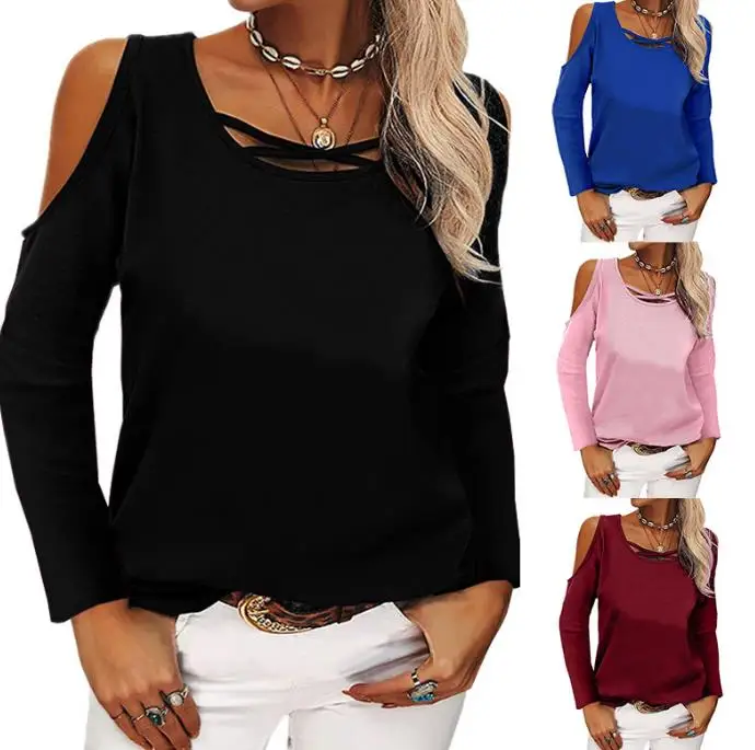 

Fashion Solid Off Shoulder Long Sleeve T-shirt for Women
