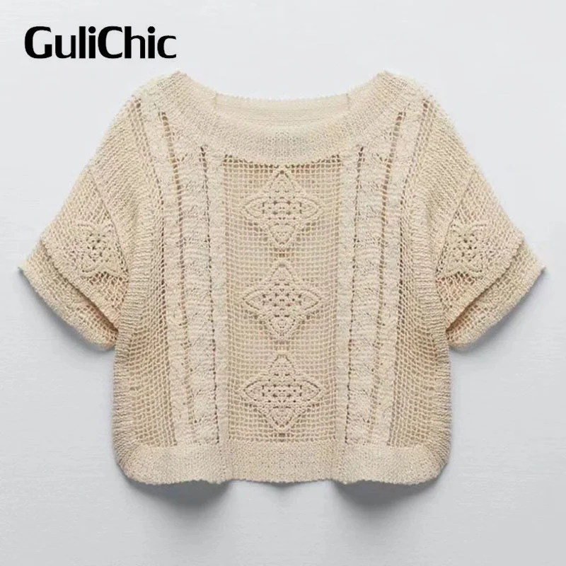 

3,17 GuliChic, Женский Короткий Повседневный пуловер с круглым вырезом и вырезами, Модный вязаный пуловер с коротким рукавом