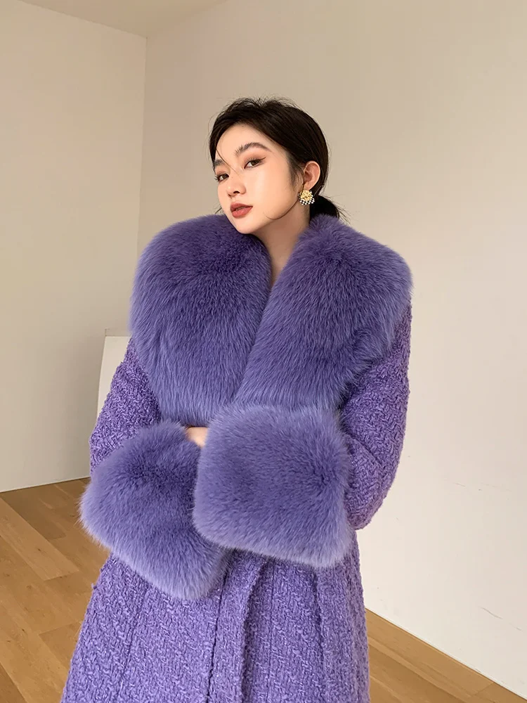 

Long Wool Blends Coats Women Luxury Purple Fox Fur Collar Overcoat Female Warm Winter Tweed Jackets abrigo mujer