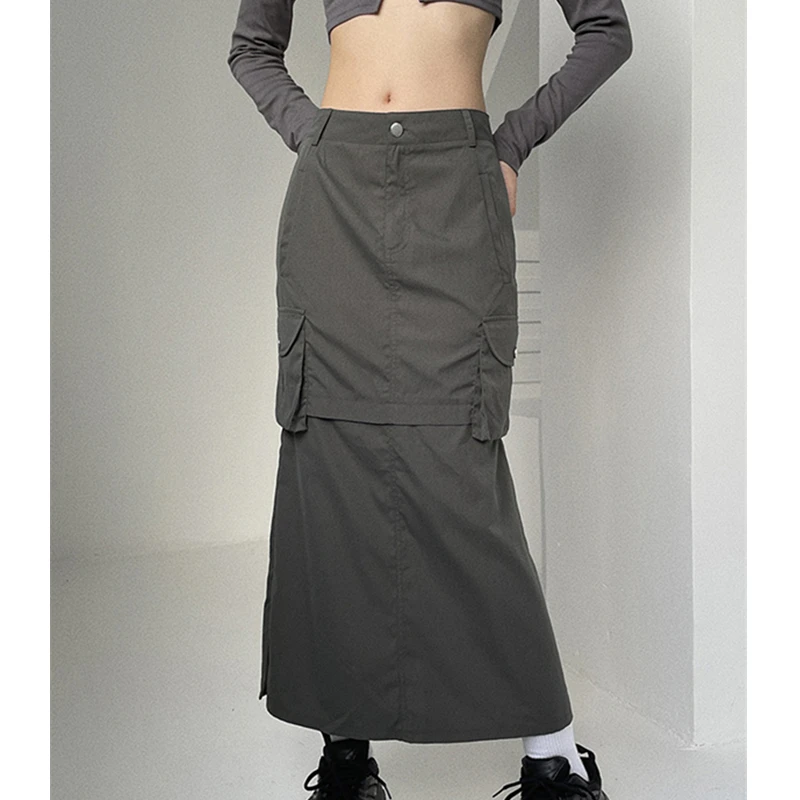 

Musuos Fashion Cargo Skirts Female Solid Color Vintage Low Waist Long Skirts with Pockets Women Wrapped Bottoms Clothing
