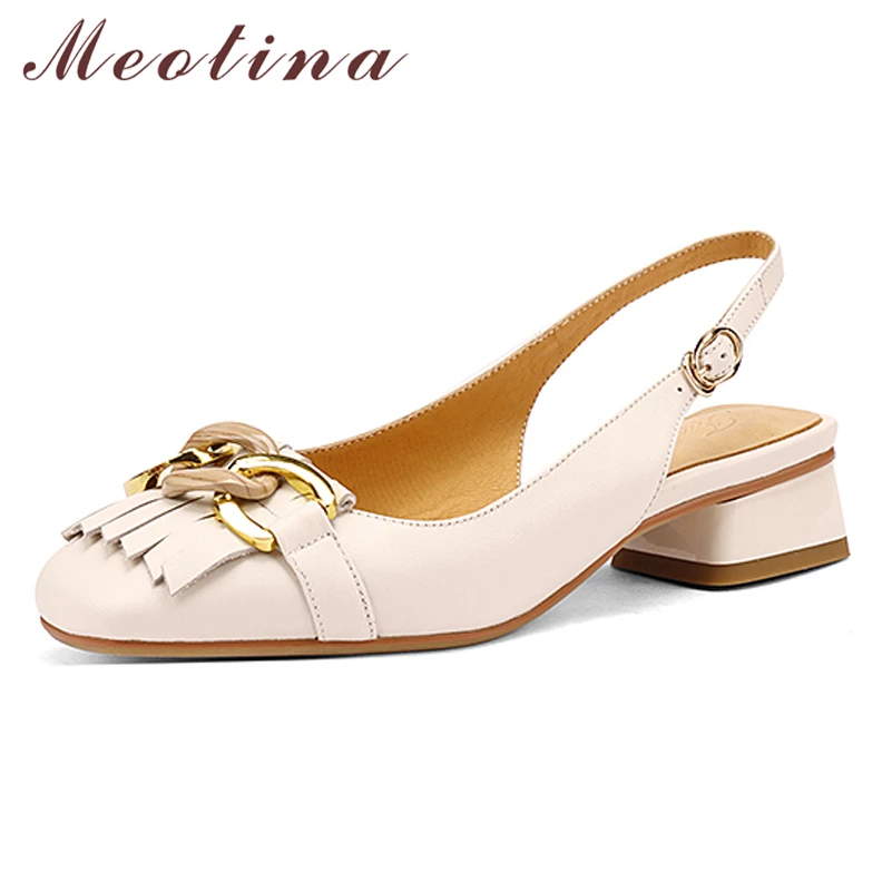 

Meotina Genuine Leather Women Slingbacks Shoes Block Heels Square Toe Pumps Chain Fringe Mid Heel Ladies Footwear Spring Beige