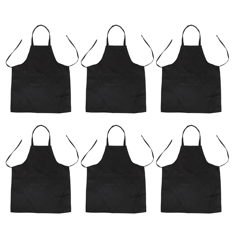 

6X Unisex 2 Pocket Black Kitchen Apron Bib, One Size In Medium