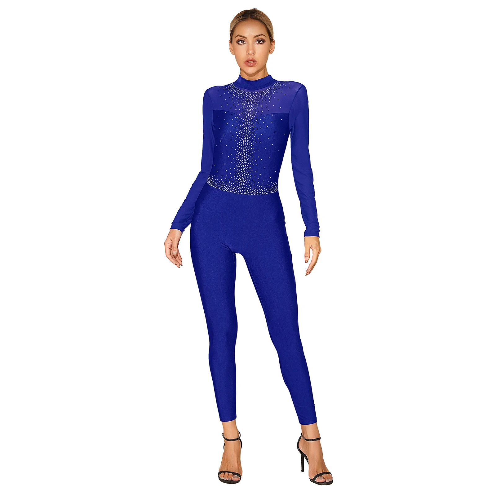 

Adults Rhinestone Open Back One-piece Gymnastics Ballet Costume Mesh Long Sleeve Unitard Full Body Leotard Jumpsuit for Women
