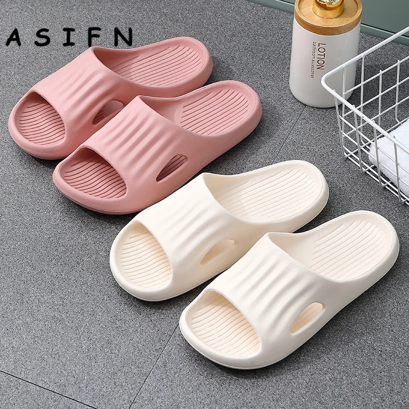 ASIFN Cloud Cushion Slippers Home Women Men Slides EVA Sofa Slippers Solid Color Summer Shoes Quality Light Flat Bath Flip Flops