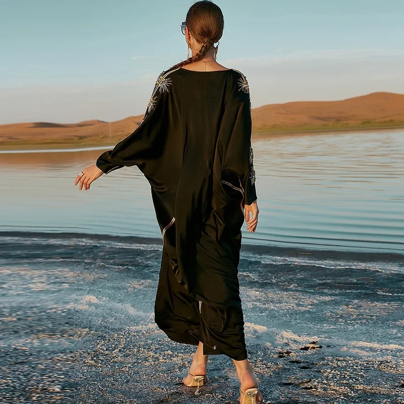 Handwork Diamonds Moroccan Caftan Black Satin Abaya Batwing Cape Evening Party Dress Women Islam Clothing Jalabiya Muslim Kaftan