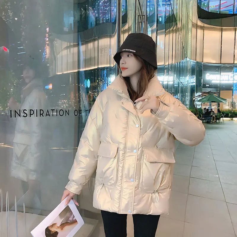 2021 Winter Solid Color Stand Collar Glossy Korean Fashion Women Thickening Jackets Casual Loose Coats for Female Puffer Jacket