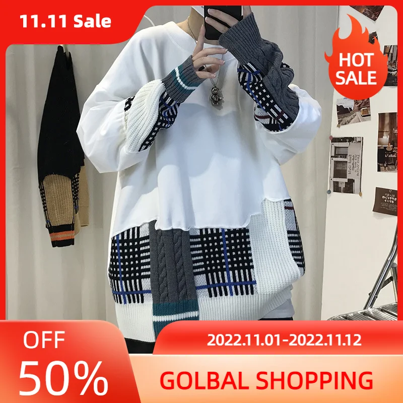

LUCLESAM Men's Patchwork Sweater Pullover Sweatshirt Splicing Sweater Autumn New Trendy Loose Handsome Tops Casual All-match
