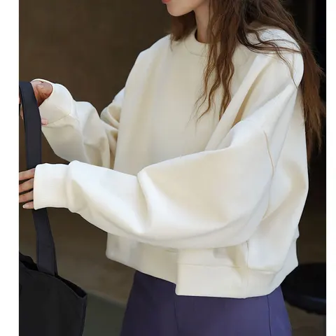 Осень 202, женские толстовки с длинным рукавом и круглым вырезом, бежевый цвет, свободные женские толстовки, синие толстовки, женские топы