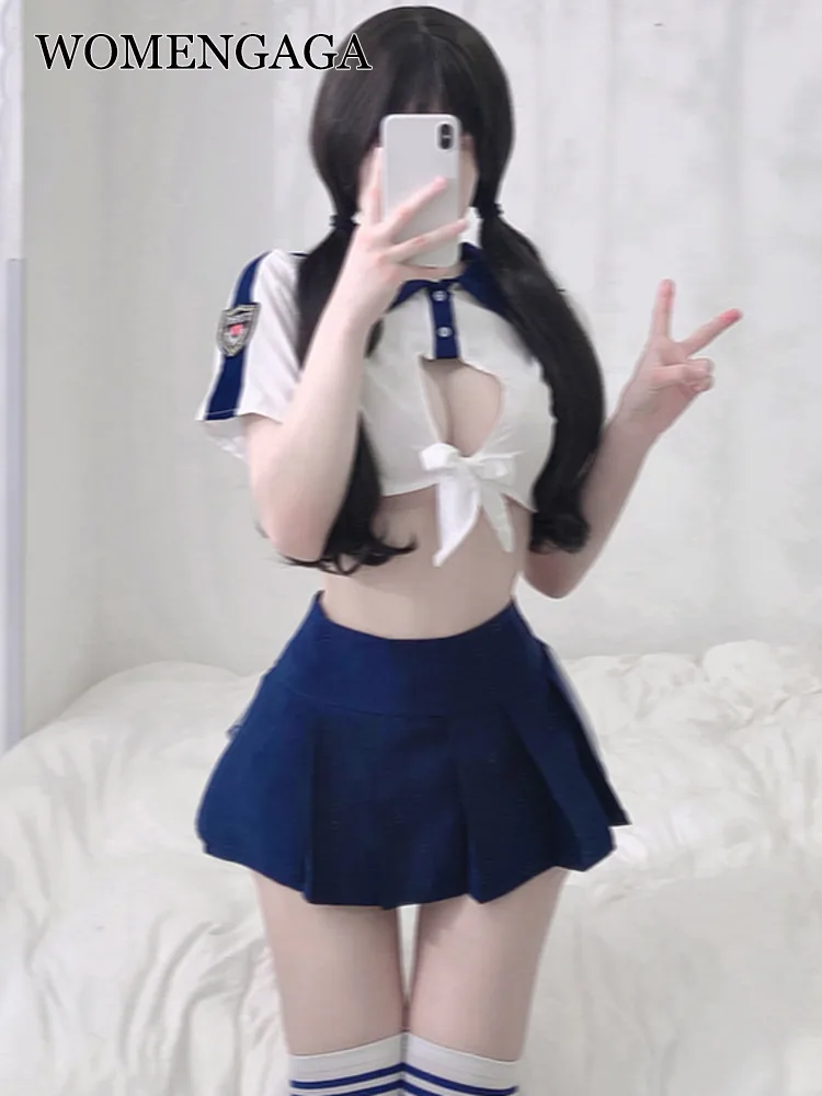 

WOMENGAGA Sweet JK Lolita Student Anime Cosplay Uniform Tshirt + Mini Pleated Skirts mesh lace Hot Sexy Korean Set Exotic R2TI