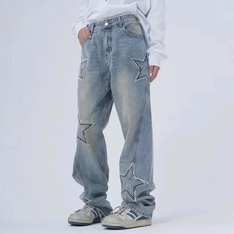 

Retro Stars Embroidery Washed Casual Men's and Womens Jeans Pants High Street Frayed Pockets Loose Oversized Denim Trousers