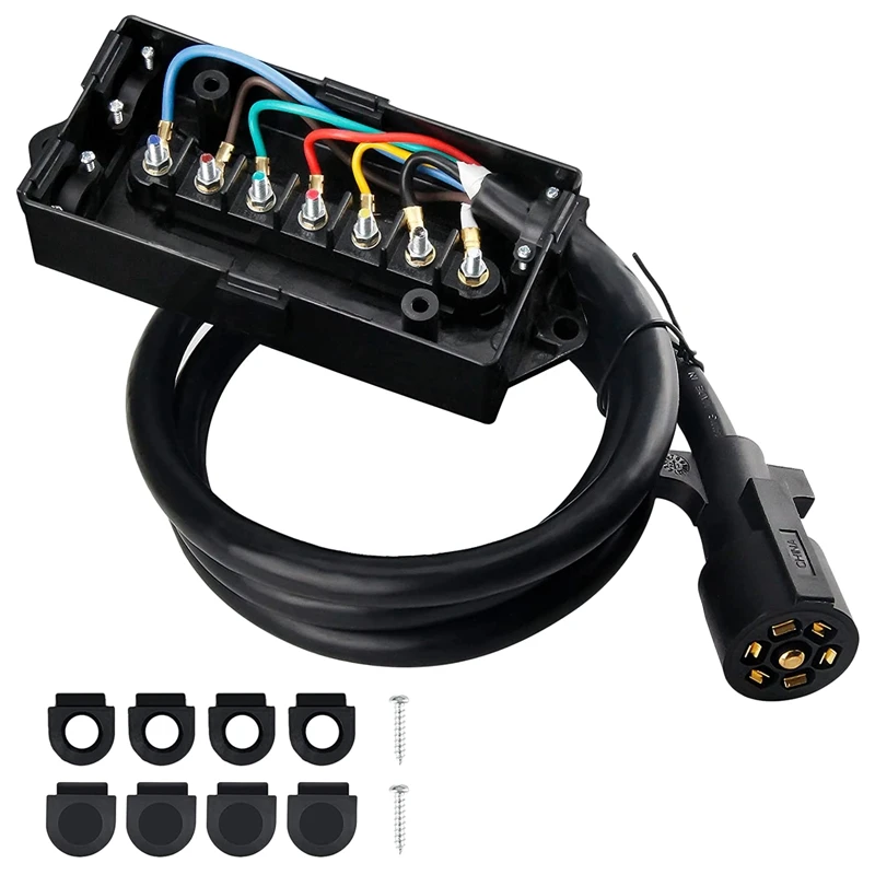 

7 Way Plug Inline Trailer Cord & 7 Gang Junction Box, 6 Feet Connector Cable Wiring Harness For RV Trailer Truck Camper