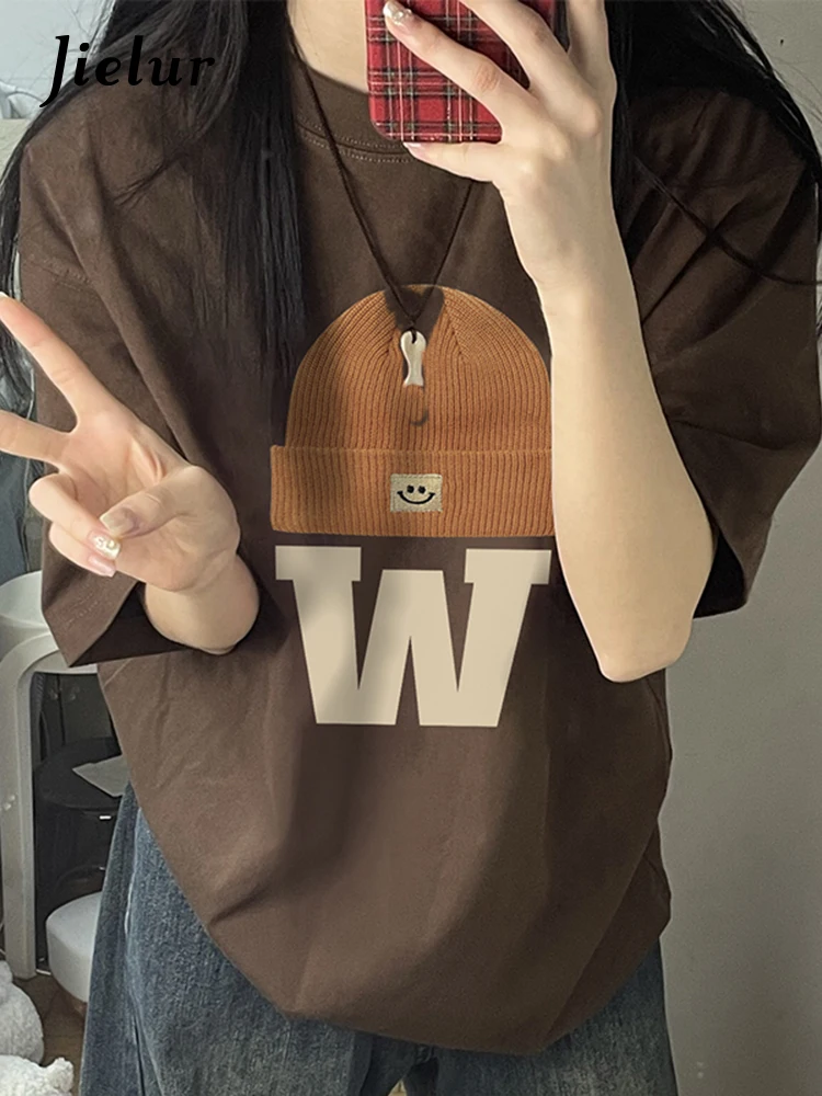

Jielur Summer New American Loose Women's T-shirt Slim Leisure Fashion T-shirt Woman Dark Brown Street Simple Chic Top Female