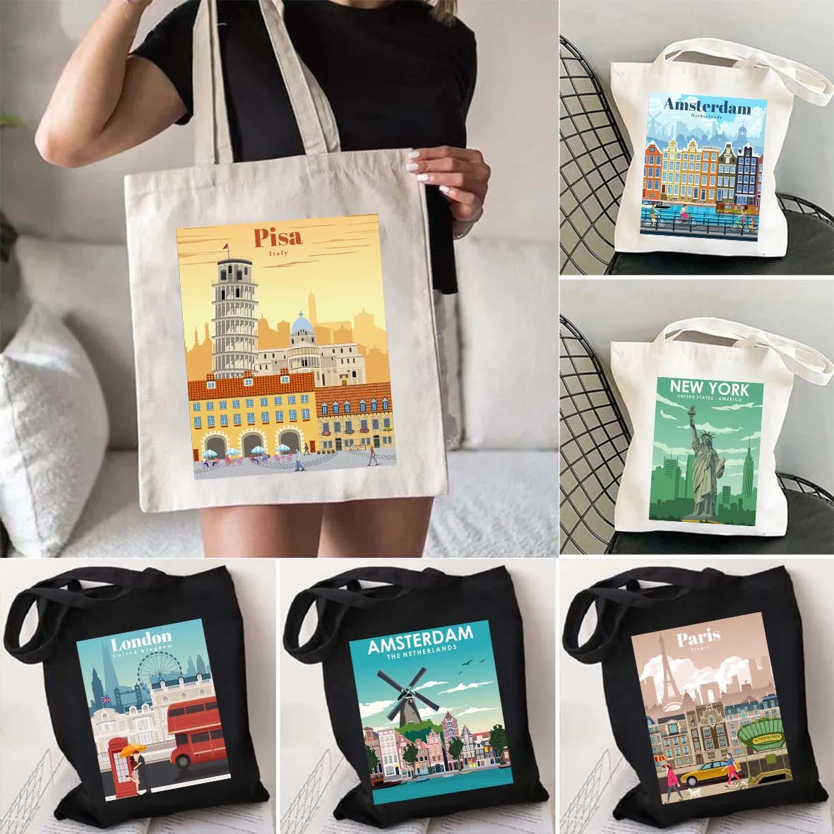 Холщовый шоппер на плечо для девушек с изображением города, Нью-Йорка, Парижа, Лондона, Дубая, Мадрида, Москвы, Амстердама, римского Пизы, Лиссабона