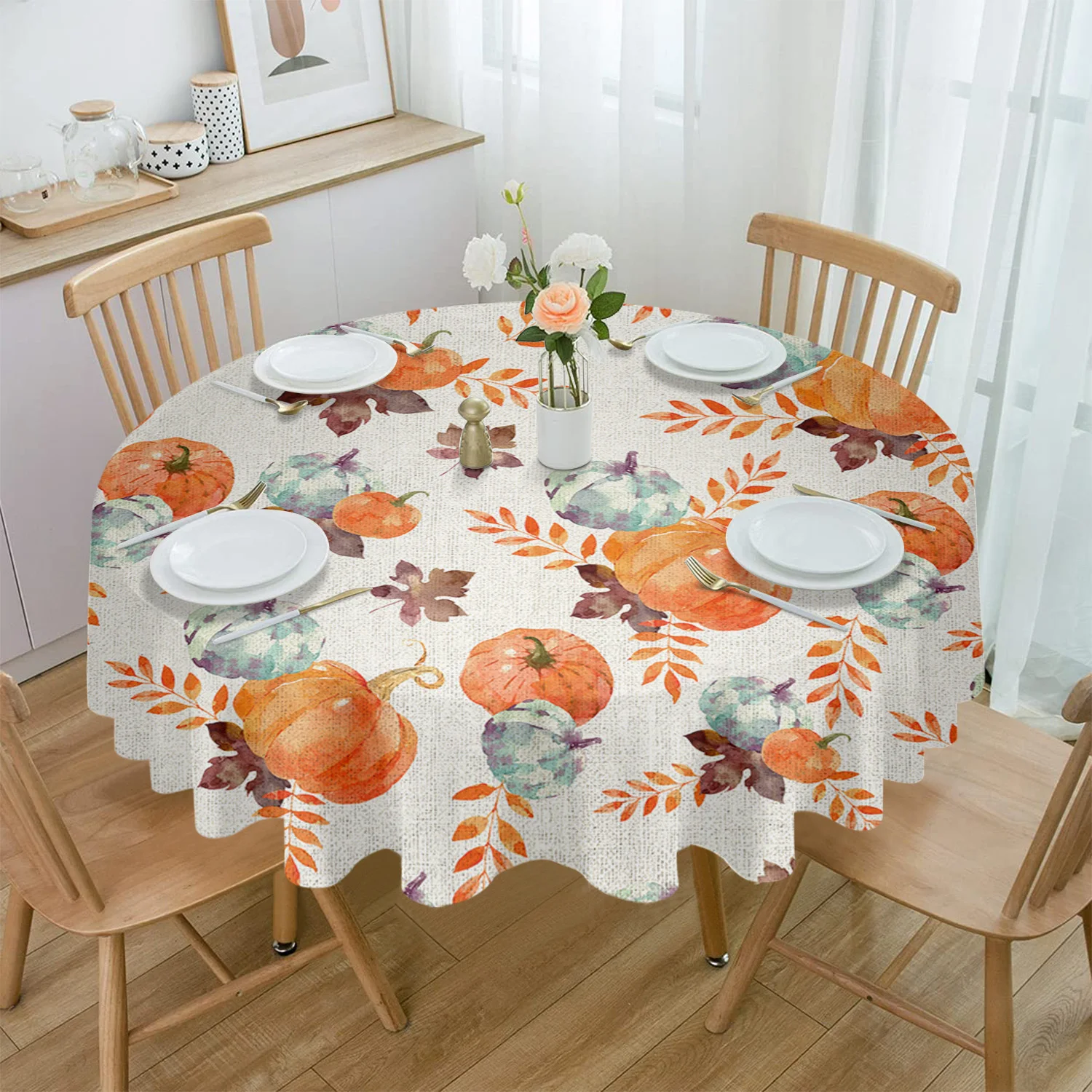 

Thanksgiving Pumpkin Maple Leaf Retro Round Tablecloth Party Kitchen Dinner Table Cover Holiday Decor Waterproof Tablecloths