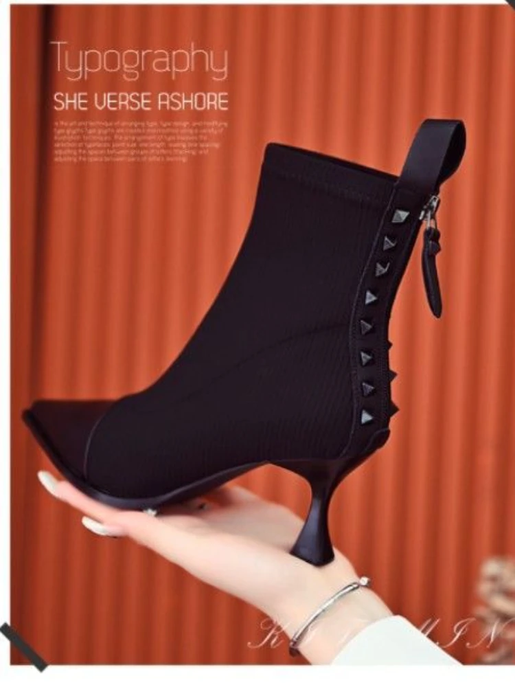 Retro Stretch Socks Boots Women Autumn/Winter New Fashion Pointed Toe Zipper Single Boots Stitching High Heels Women Shoes images - 6