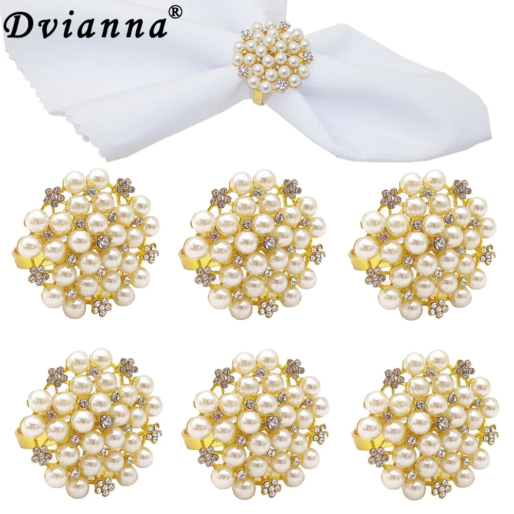 

Dvinana Beaded Pearl Napkin Rings Set of 6 Rhinestone Flower Napkin Rings Holder for Home Table Holder Decor HWP08