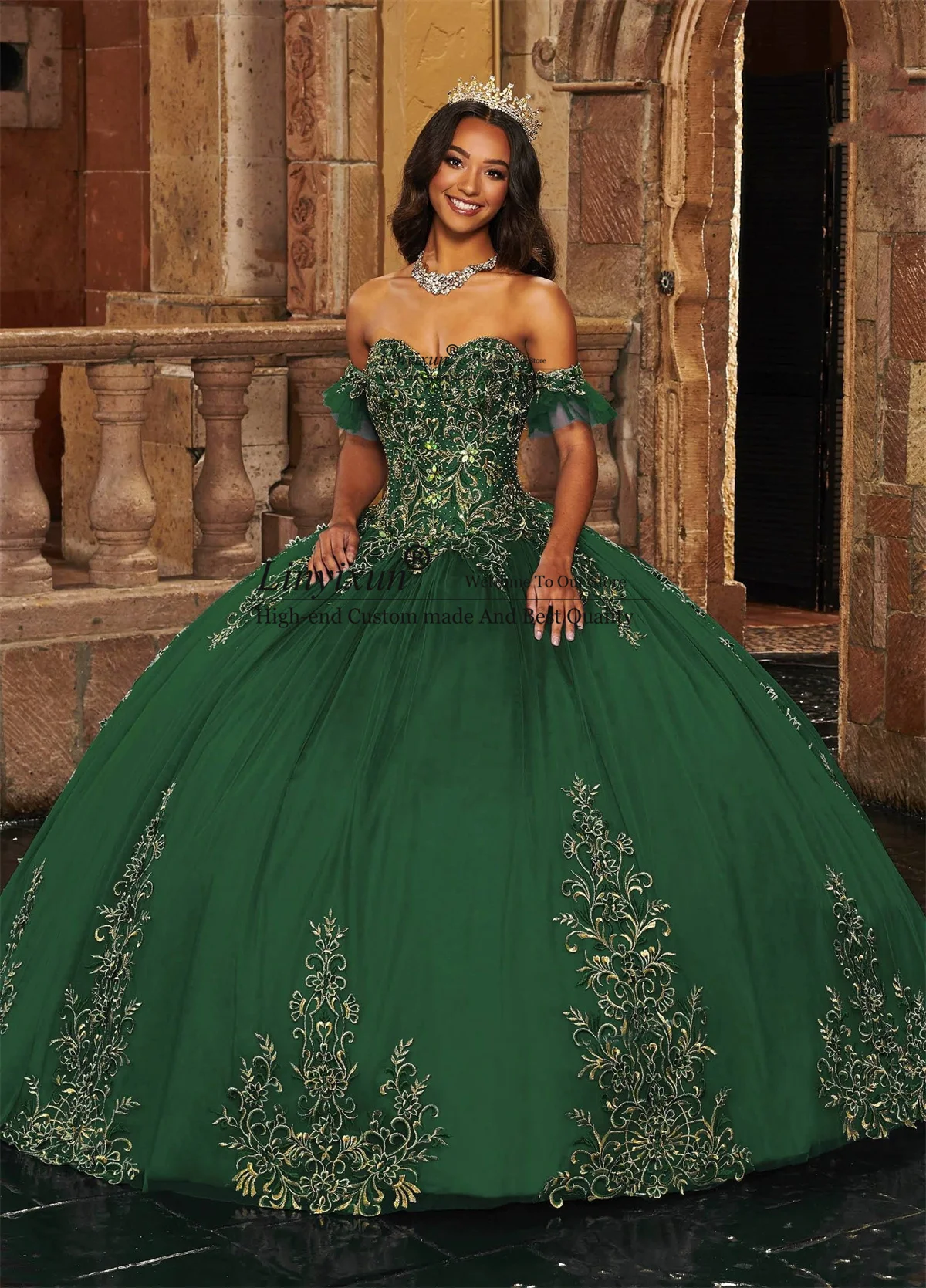 

Green Ball Gown Quinceanera Dresses Alliques Lace Sweetheart Off The Shoulder vestidos de 15 años Sweep Train Sweet 16 Dress