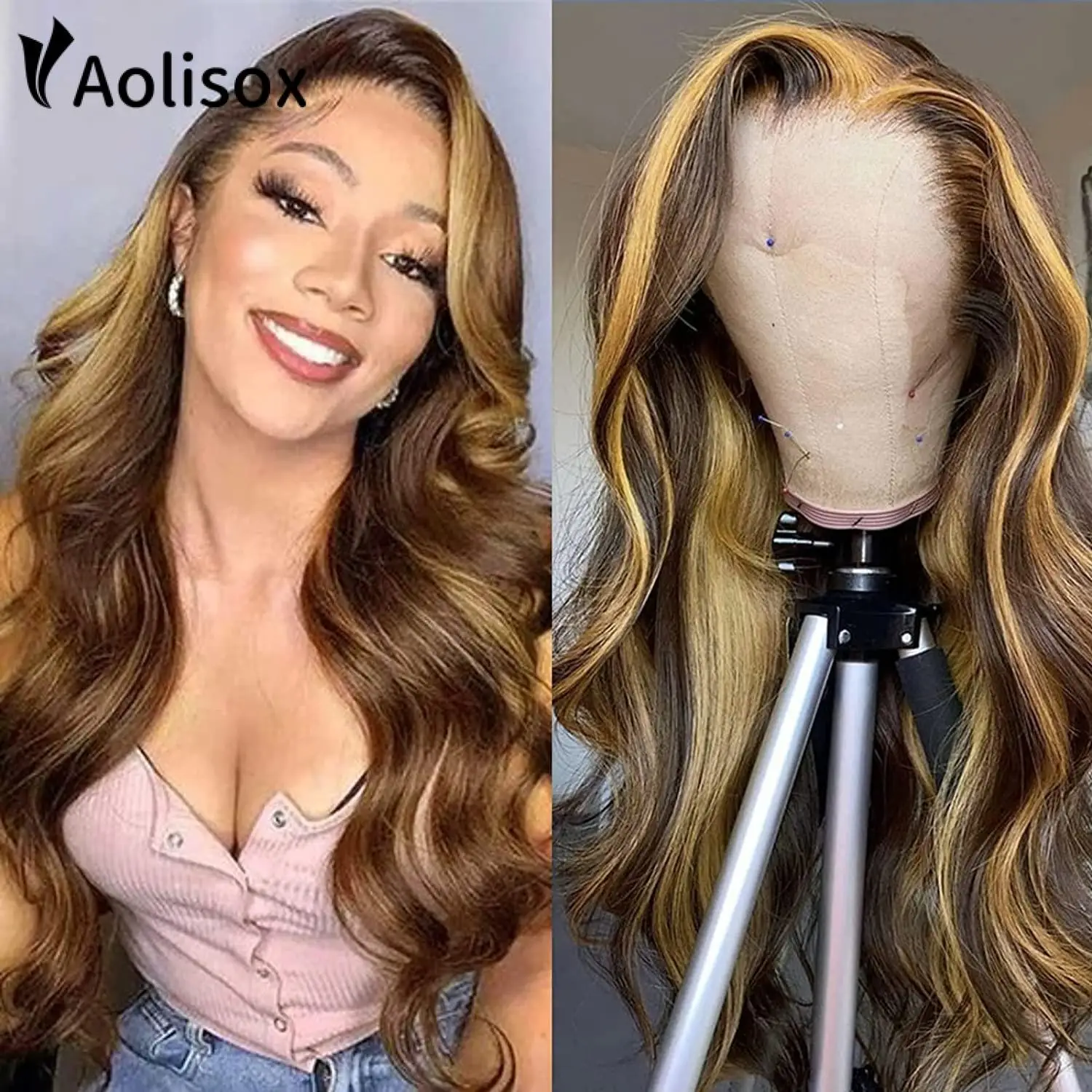 

Aolisox Highlight Transparent HD Lace Front Wigs Human Hair Ombre Honey Blonde Body Wave Lace Frontal Wigs for Women P4/27 Color