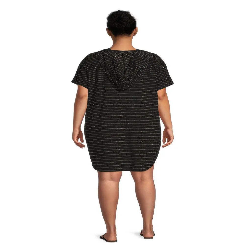 Women`s Plus Size Lurex Stripe Terry Cloth Hooded Cover Up