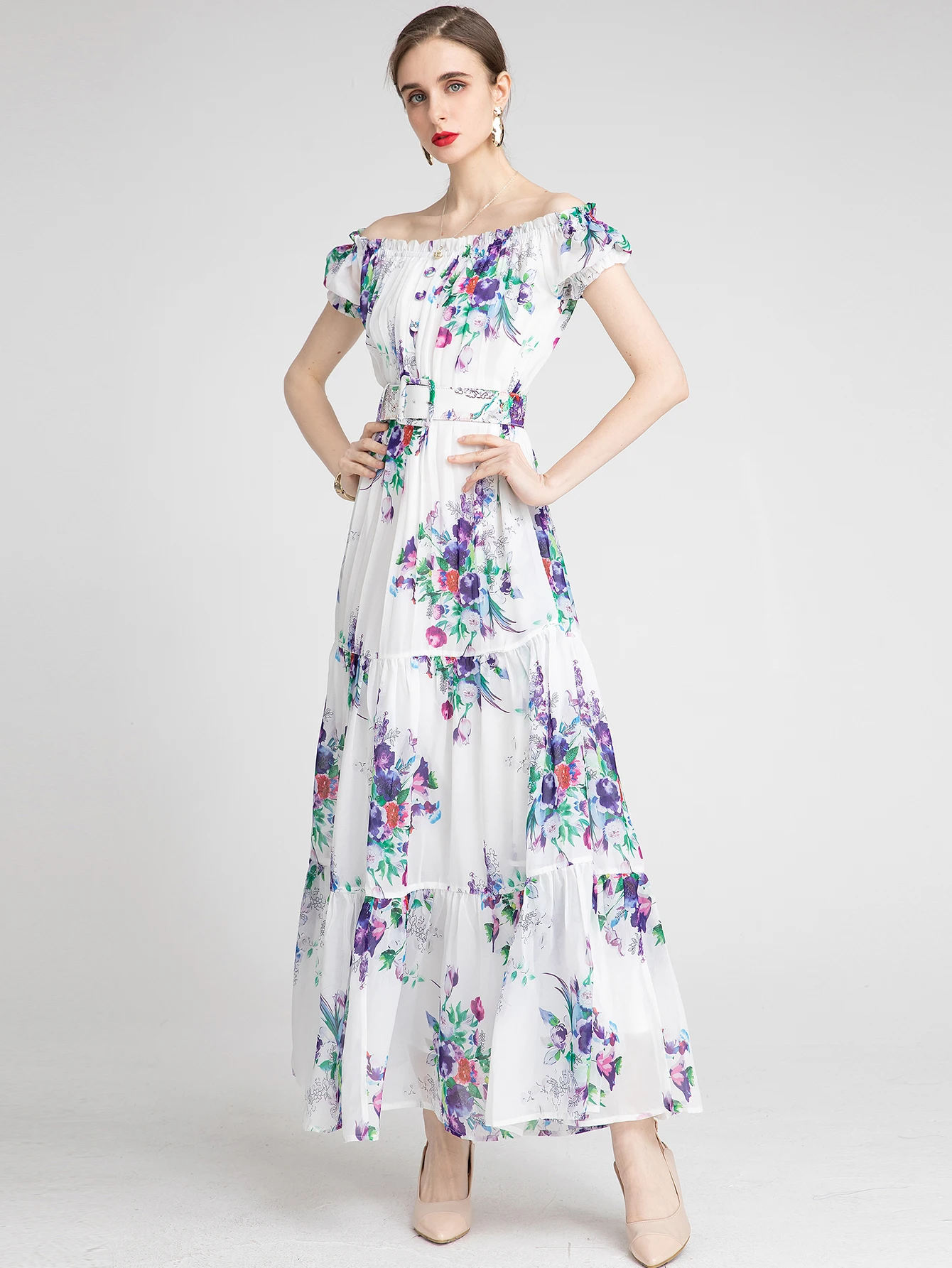 

MoaaYina Fashion Designer dress Summer Woman Dress Short sleeve Sashes Flower Print Bohemian Vacation Elegant Dress