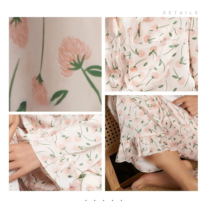 Women's 2 Piece Pajamas Sets Frilled Floral Pijama Ice Silk Female Pyjama Sleepwear Long Sleeve Shirt Pants Homewear Loungewear